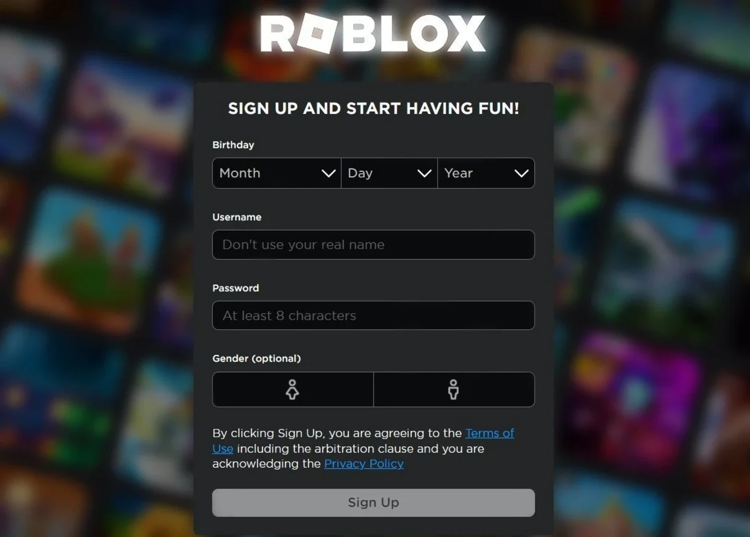 Форма регистрации Roblox